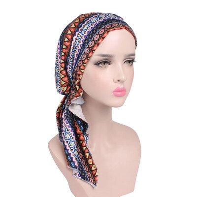 

Women Printed Cancer Chemo Cotton Turban Headwear Casual Adjusted Ruffles Bandanas Muslim Headscarf Multicolor