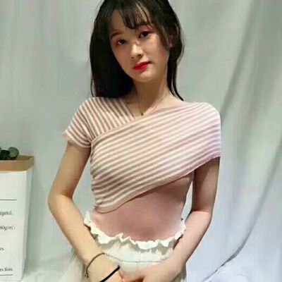 

Women Sexy Summer Harajuku Tshirt Short Sleeve Striped Print Knitted T-Shirt