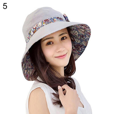 

Women Summer Beach Travel Bowknot Wide Brim Sun Hat Reversible Foldable Cap
