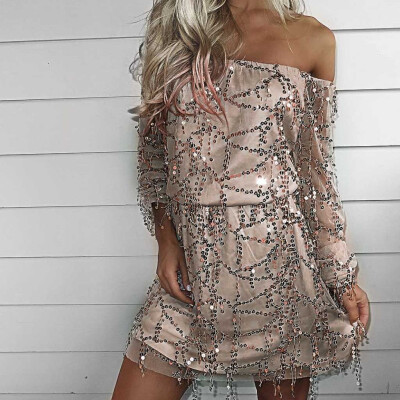 

〖Follure〗Womens Sexy Slach-Neck Sparkle Sequin Long Sleeve Camis Party Club Mini Dress