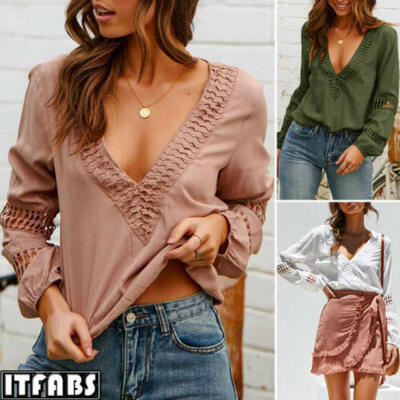 

Women Long Sleeve Loose Chiffon Blouse Hollow V-neck Shirt Casual T-Shirts Tops