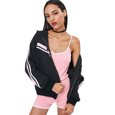 

Hooded Long Sleeve Stripe Print Zipper Hoodie Women Jacket