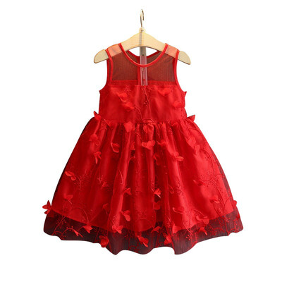 

Little-Seven Children Korean Girls Stereo Flowers Big Red Dress Mesh Princess Dress 6660
