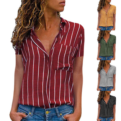 

Starmoon Women Casual Striped Printing Short Sleeve Shirt Blouse Button Down Tops