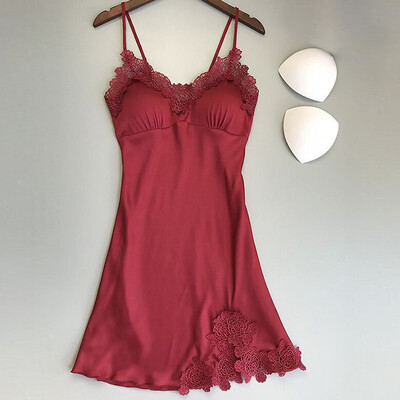 

Womens Sexy Lace Solid Padded Spaghetti Strap Nightwear Lingerie A-line Dress