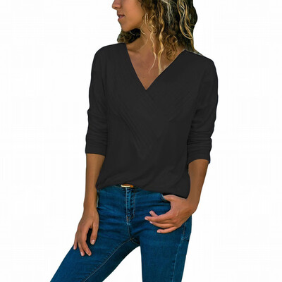 

Solid color V-neck long-sleeved slim T-shirt casual ladies shirt top