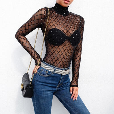

New Black Women Lady Sheer Mesh Lace Jumpsuit Long Sleeve Top Turtleneck Bodysuit