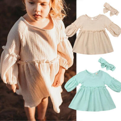 

2pcs Toddler Kid Baby Girl Ruffle Cotton Linen Princess Dress Sundress Headband