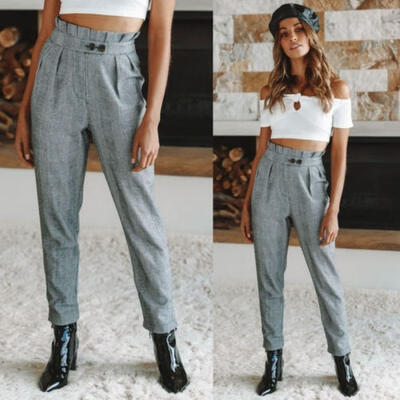 

Women Skinny OL Pencil Trousers Ladies Striped Stretch Slim High Waist Trousers Ruffles Loose Casual Button Long Pants