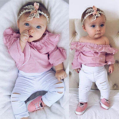 

Newborn Infant Kid Baby Girl Top Romper Bodysuit Ripped Pants Outfit Clothes Set