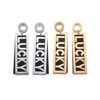 

304 Stainless Steel Stud Earrings with Plastic Rectangle with Word LUCKY Mixed Color 63mm Pin 07mm