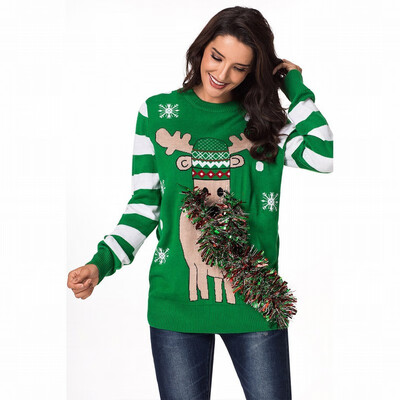 

Round neck long sleeve ribbon strap pull casual knit womens sweater