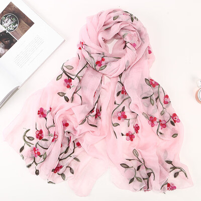 

2018 new ten miles peach chiffon flower embroidered silk scarf female travel photo sunscreen beach shawl wholesale
