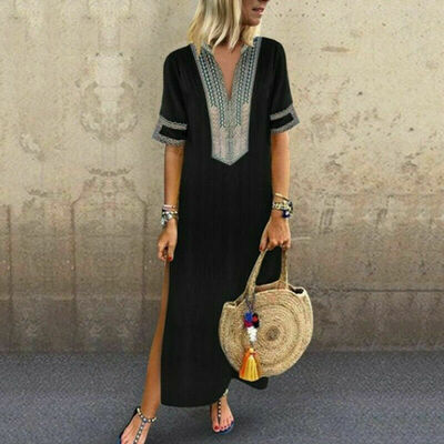 

New Womens Short Sleeve Boho Party Casual Kaftan Tunic Gypsy Ethnic Maxi Beach Dress Long Cotton Linen Dresses Plus Size