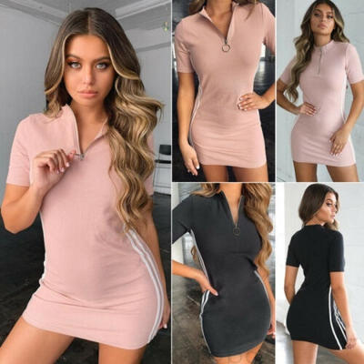 

Womens Summer Zipper V Neck Short Sleeve Bodycon Casual Mini Shirt Dresses