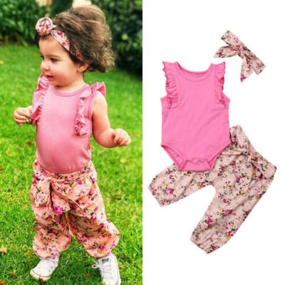 

3PCS Newborn Baby Girls Tops Romper Floral Pants Headband Outfits Set Clothes AU