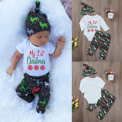 

3PCS Newborn Baby Boys Girls Christmas Xmas Clothes Romper Pants Hat Outfits