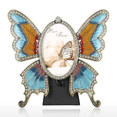 

Rhinestone Decorated Ellipse Scalewing Design Vintage Metal Photo Frame Home Decor Desktop Picture Frame Table Top Frame