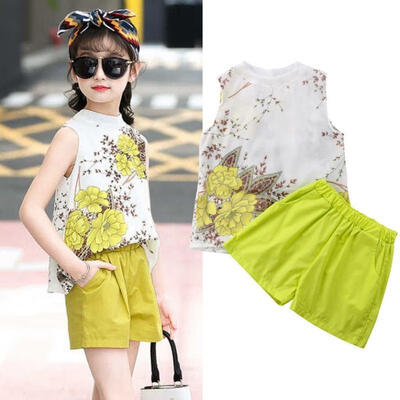 

Summer Children Girls Flower Chiffon Vest Tops Shorts 2PCS Outfits Clothing Set
