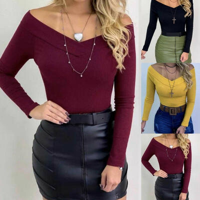 

Women&39s Long Sleeve Bodysuits Off-shoulder Blouse V-neck Tops