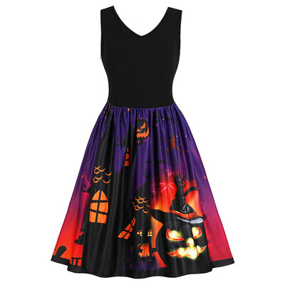 

Halloween Vintage Pumpkin Print Swing Dress