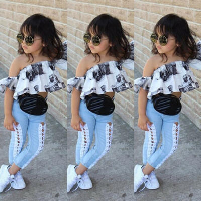 

2PCS Children Kids Baby Girl Off Shoulder TopsDenim Pants Jeans Outfits Clothes