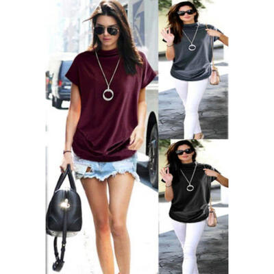 

Summer Womens Ladies Turtleneck Plus Size Short Sleeve Casual Crew Neck T-Shirt