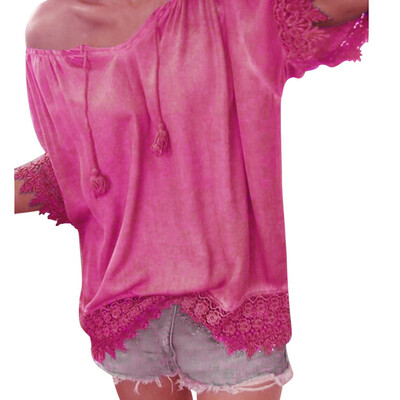 

Nomeni Women Casual V-Neck Solid Lace Patchwork Short Sleeve Blouse Shirt Tops