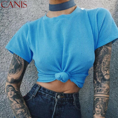 

Womens Summer Short Sleeve Crop Top T-Shirt Ladies Vest Round Neck Stretch Plain