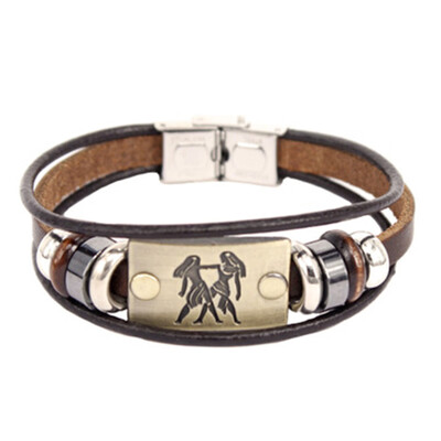

Fashion 12 Constellation Signs Bracelet with Stainless Steel Clasp Leather Bracelet