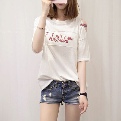 

Women Casual Round Neck Letter T-shirts Stitching Off-The-Shoulder Loose Short-Sleeved Female T-Shirt Thin Section Tops