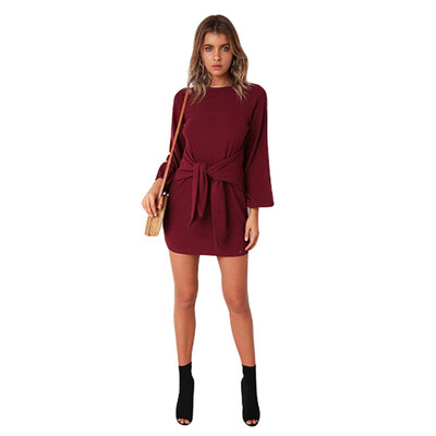 

Autumn&winter new casual belt long-sleeved knit dress