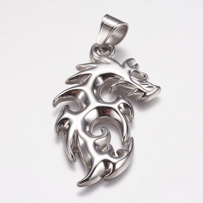 

304 Stainless Steel Big Pendants Dragon Stainless Steel Color 53x30x3mm Hole 7x9mm
