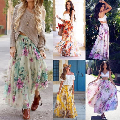 

Summer Women Chiffon Floral Boho Dress Full Skirt Evening Party Long Maxi Dress