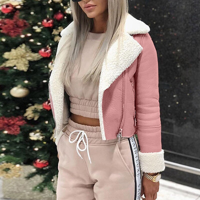 

Gobestart Women Lapel Suede Leather Buckle Cool Pilot Jacket Faux Lamb Wool Motorcycle Jackets