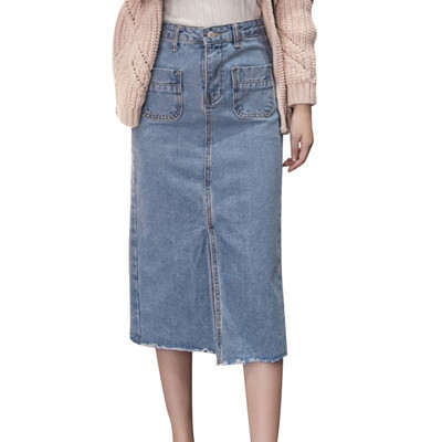 

Women High Waist Denim Skirt Ladies Split Denim Skirt Stretch Tight Mid-long Bag Hip A Line Skirt
