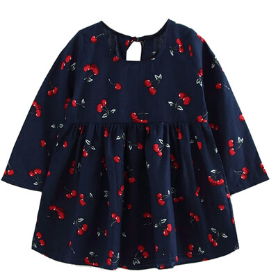 

Kids Girls Long Sleeve Cherry Print Dress Soft Cotton Summer Princess Dress