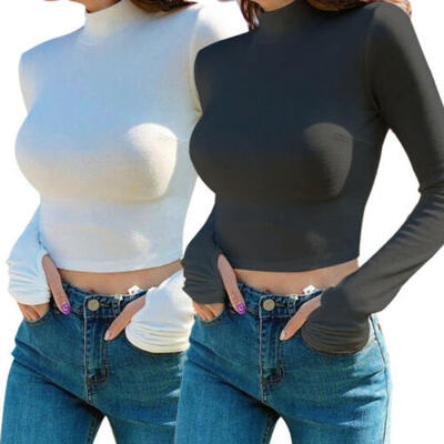 

Womens High Collar Bottoming Shirts Pure Color Tops Casual T-shirt Blouse