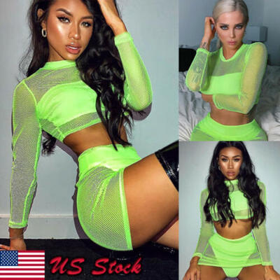 

Women Sheer Mesh Fish Net Long Sleeve O-Neck See Crop Top T-Shirt Blouse USA