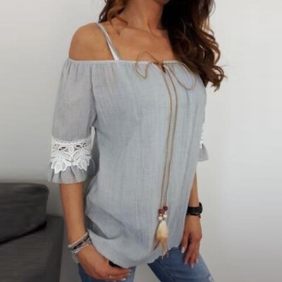 

Starmoon Women Off Shoulder Lace Pure Color Plus Size Short Sleeve Blouse Easy Top Shirt