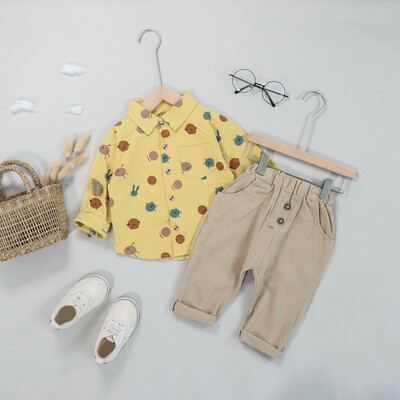 

Autumn Children Baby Boys Casual Long Sleeve Cartoon Print Blouse TopsPants Trouser Costume Set
