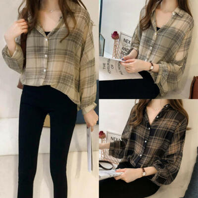 

Womens Plaid Long Sleeve Loose Blouse Casual Shirt Summer Tops Plus Size T-Shirt