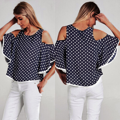 

Nomeni Womens Off The Shoulder Polka Dot T Shirt O Neck Butterfly Sleeve Top Blouse
