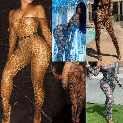 

USA Womens Off Shoulder Jumpsuit Bandage Bodysuit Playsuit Leopard Long Trousers