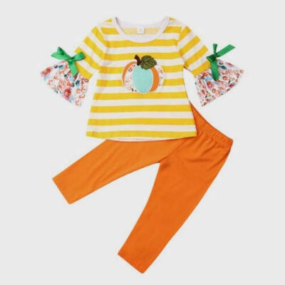 

Halloween Toddler Baby Kids Girls Outfits Pumpkin Striped TopsLong Pants Sets