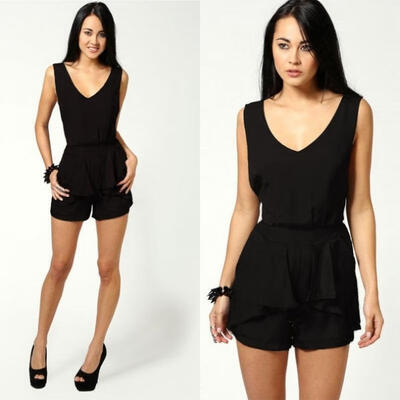 

Womens Black V neck Backless Bow Pleated Clubwear Party Jumpsuit Pants