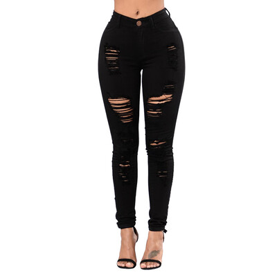 

Tailored Women High Waist Button Pockets Holes Denim Skinny Long Jeans Pants Trousers
