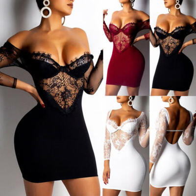 

Women Summer Off Shoulder Lace Sleeve Mini Dress Ladies Holiday Bodycon Dresses