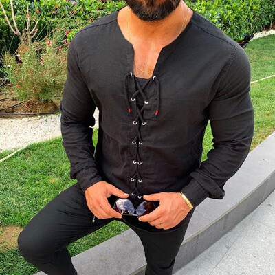 

Mens Tether Tie Long Sleeve Shirt Casual Lapel Slim Fit T-shirt Tops Size -3XL