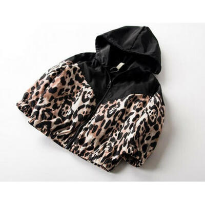

Kids Baby Girls Jacket Leopard Print Patchwork Hooded Coat Autumn Outwear 1-7T